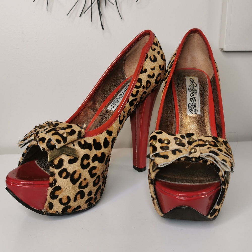 Naughty Monkey Cheetah Print Red Patent Trim Size 7 Pin-up Heels